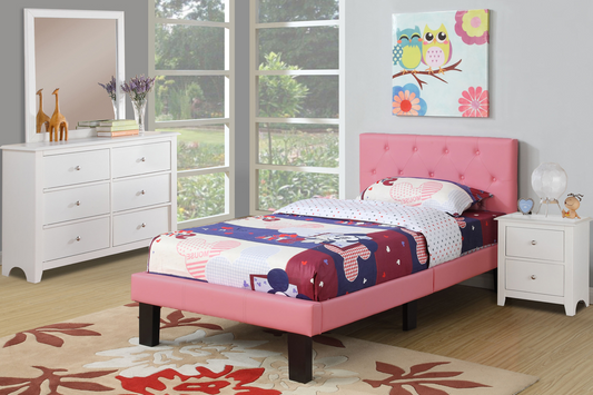 Pink Tufted Faux Leather Headboard and Frame Twin Size Platform Bed