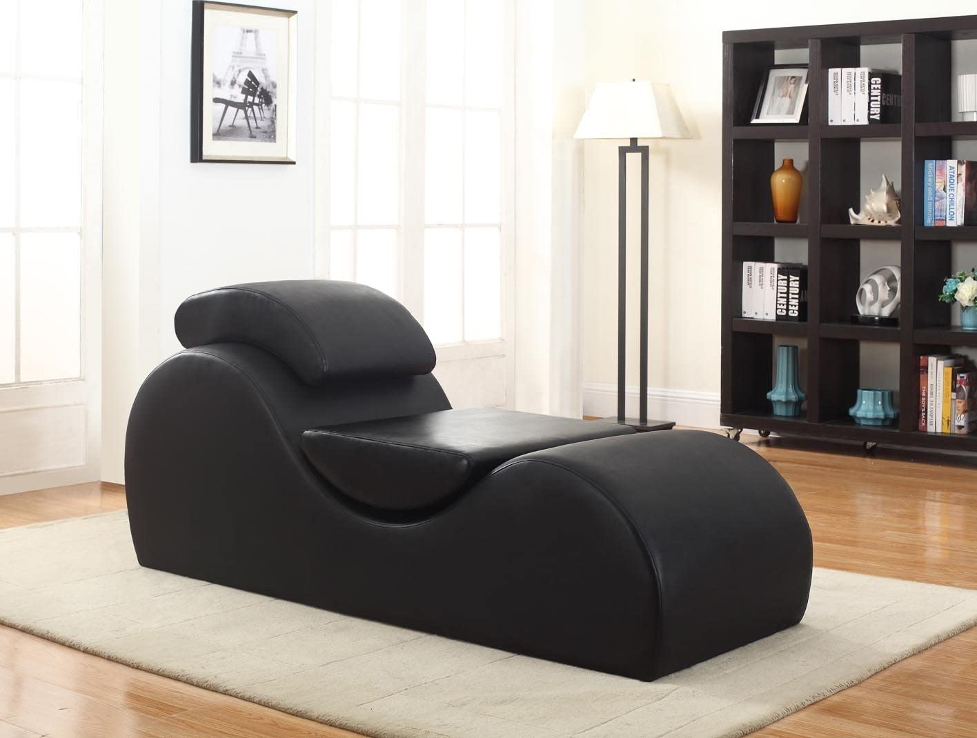 Deluxe Faux Leather Couch Exotic Loveseat Curved Chaise Lounge Yoga Stretch Chair Midnight Black